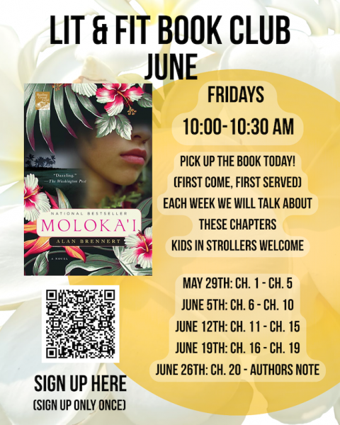Flyer for “Lit & Fit Book Club” in June featuring the book Moloka'i by Alan Brennert.