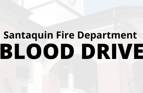 Banner graphic for Santaquin Fire Department Blood Drive with blood drop icon and faded city hall background.