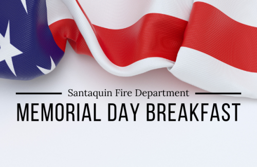 Close-up image of a folded American flag draped across the top of the graphic with red, white, and blue fabric details visible. 