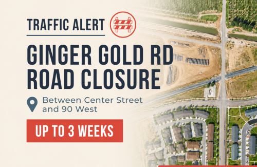 A Santaquin City traffic alert graphic showing an aerial view of the Ginger Gold Road and Center Street intersection.