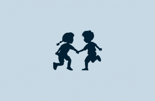 Light blue background, with dark blue silhouette of 2 children playing.