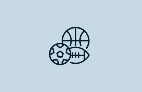 light blue background with navy blue soccer ball, football, and basketball icons.