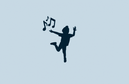Blue banner image with child dancing silhouette and music notes.