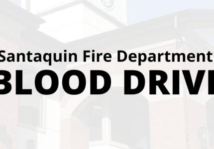 Banner graphic for Santaquin Fire Department Blood Drive with blood drop icon and faded city hall background.
