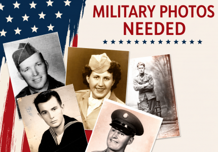American flag and collage of five vintage military service portraits on a light background.
