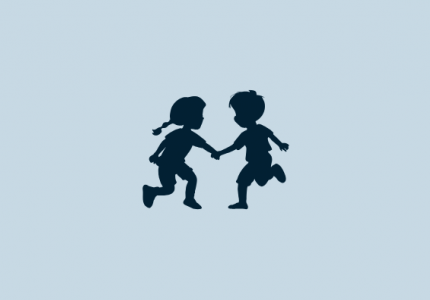 Light blue background, with dark blue silhouette of 2 children playing.