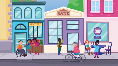 Cartoon image of kids in front of a bank