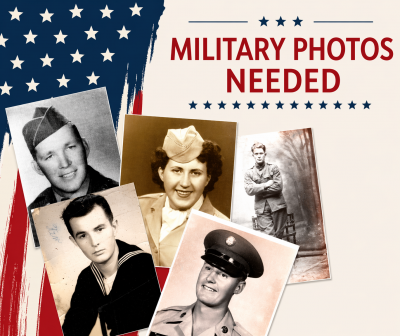 American flag and collage of five vintage military service portraits on a light background.