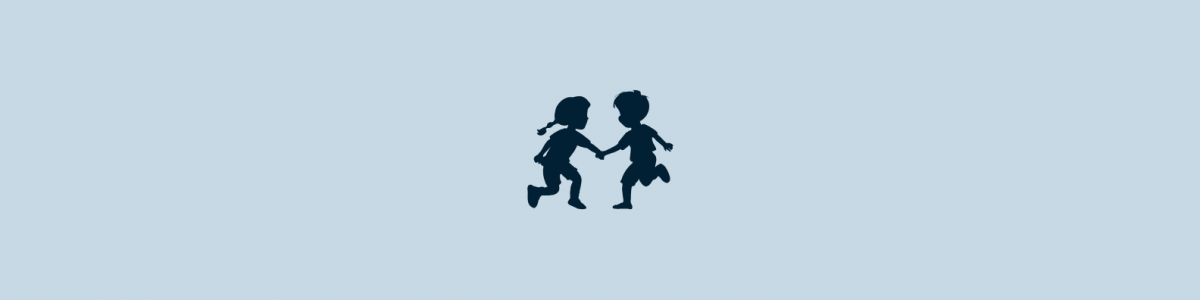Light blue background, with dark blue silhouette of 2 children playing.