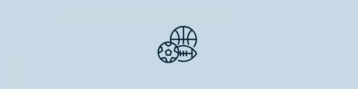 light blue background with navy blue soccer ball, football, and basketball icons.