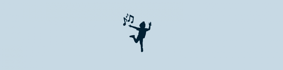Blue banner image with child dancing silhouette and music notes.