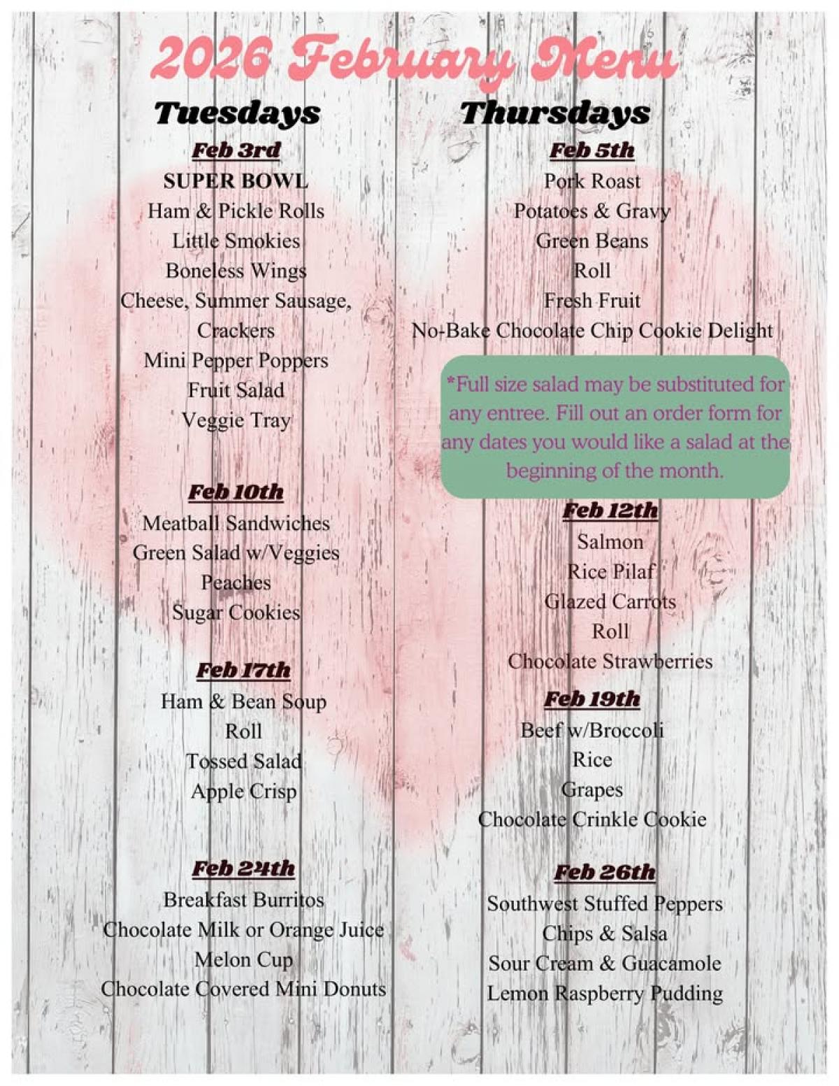 Seniors menu February