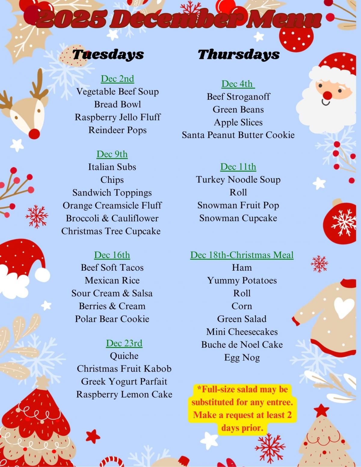 December 2025 Seniors Menu